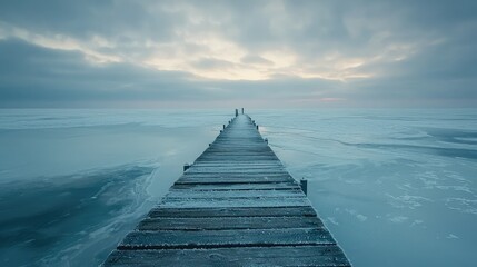 Obraz premium Serene Wooden Pier Stretching Over a Frozen Northern Lake at Dawn with Soft Clouded Sky and Tranquil Water in the Background
