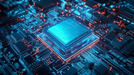 Futuristic microchip processor with lights on blue background. Quantum computer large data processing database concept. cpu isometric banner. Central computer processor CPU concept.