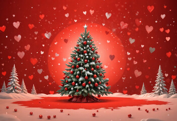 Obraz premium A hyper-realistic detailed image of a picturesque winter scene. At the center stands a majestic Christmas tree, heavily laden with snow. The tree is adorned with vibrant red hearts - generated by ai