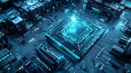 Futuristic microchip processor with lights on blue background. Quantum computer large data processing database concept. cpu isometric banner. Central computer processor CPU concept.