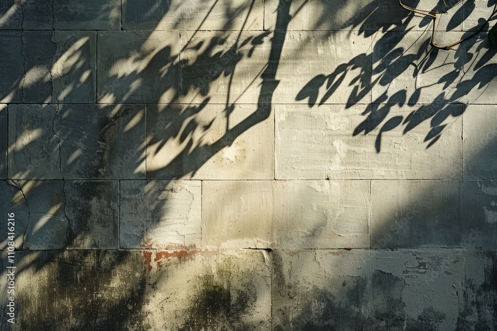 Poster sunlight casts leaf shadows on a concrete wall, forming an abstract pattern. perfect for backgrounds