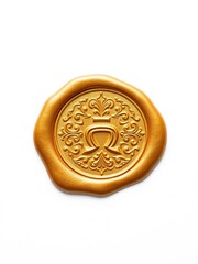Golden wax seal with intricate design and symbol on a clean white background, stamp, detail, luxury