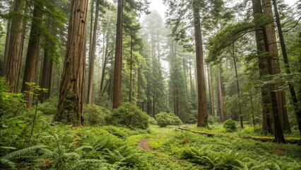 Fototapeta premium Heartfelt forest background with trees and foliage, greenery, forest floor, landscape