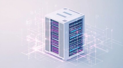 White and blue abstract network on server room data center 3D rendering, connection network data center room storage systems.

