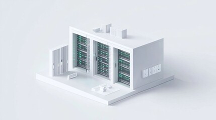White and blue abstract network on server room data center 3D rendering, connection network data center room storage systems.
