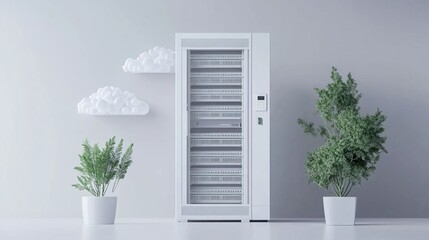 White and blue abstract network on server room data center 3D rendering, connection network data center room storage systems.
