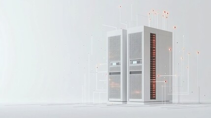White and blue abstract network on server room data center 3D rendering, connection network data center room storage systems.
