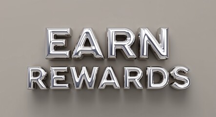earn rewards word 3d shiny silver metallic lettering render on plain background