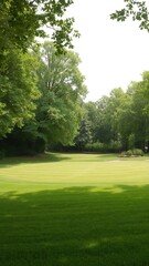 Obraz premium Lush green grass and trees surrounding a well-manicured golf field, tranquil, recreation
