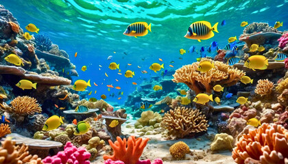 Fototapeta premium Vibrant coral reef teeming with colorful fish and marine life during a sunny day in a tropical ocean