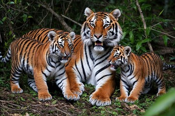 Obraz premium Playful Tiger Mother and Her Striped Cubs in Natural Underbrush