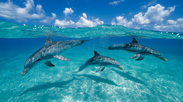 Bahamas, Tiger Beach, Pod of dolphins swimming above ocean floor 