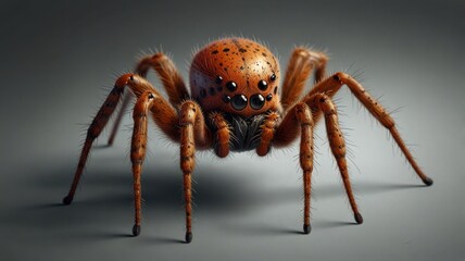 Fototapeta premium Close-up of a vibrant orange spider with black spots, eight legs, and prominent eyes, against a neutral gray background.