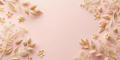 Obraz premium Golden Leaves and Flowers on a Pale Pink Background