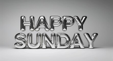 happy Sunday word 3d shiny silver metallic lettering render on plain background