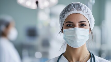 Fototapeta premium A healthcare professional in scrubs and a mask, exuding confidence and compassion in a medical environment.