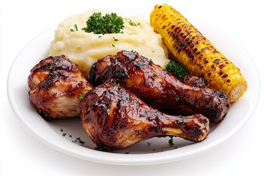 A mouthwatering platter of BBQ chicken drumsticks served with mashed potatoes and grilled corn