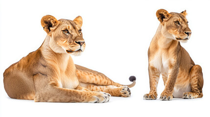 Obraz premium two lionesses on a white background: majestic portraits and interactions in wildlife photography