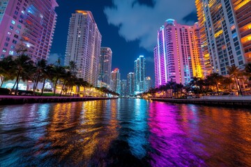 Obraz premium A nighttime cityscape with reflections of buildings shimmering on a river, and colorful lights illuminating the scene