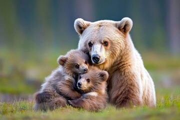 Obraz premium A pair of bear cubs playfully wrestling in a grassy meadow, with their mother watching nearby