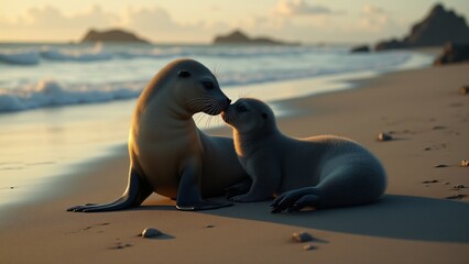 Fototapeta premium A tender moment between a sea lion mother and her pup on the beach, capturing their strong bond in nature.
