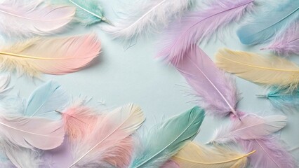 Fototapeta premium Pastel colored feathers scattered on a gradient background, serene scene, subtle color palette, delicate details, pastel colors