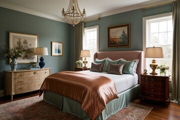 Fototapeta premium Stylish Bedroom Decor Ideas with Silk Bedding Trendy Lighting and Calming Color Palettes for a Cozy Sanctuary