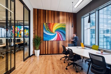 Dynamic Corporate Design Showcasing Striking Artwork on Wooden Walls with Bright Windows and Collaborative Work Environments