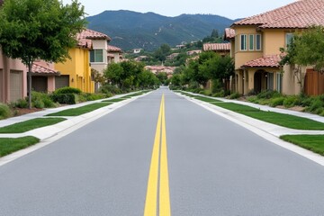 A photo of a quiet urban neighborhood with rows of colorful houses and tree-lined streets