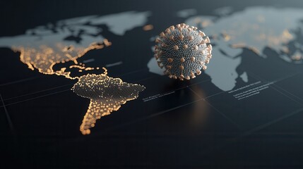 A digital globe with a mesh design is placed over a stylized world map, highlighting global connectivity and data visualization.
