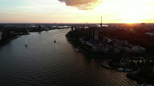 Aerial view of the city of Rotterdam at sunset, The Netherlands