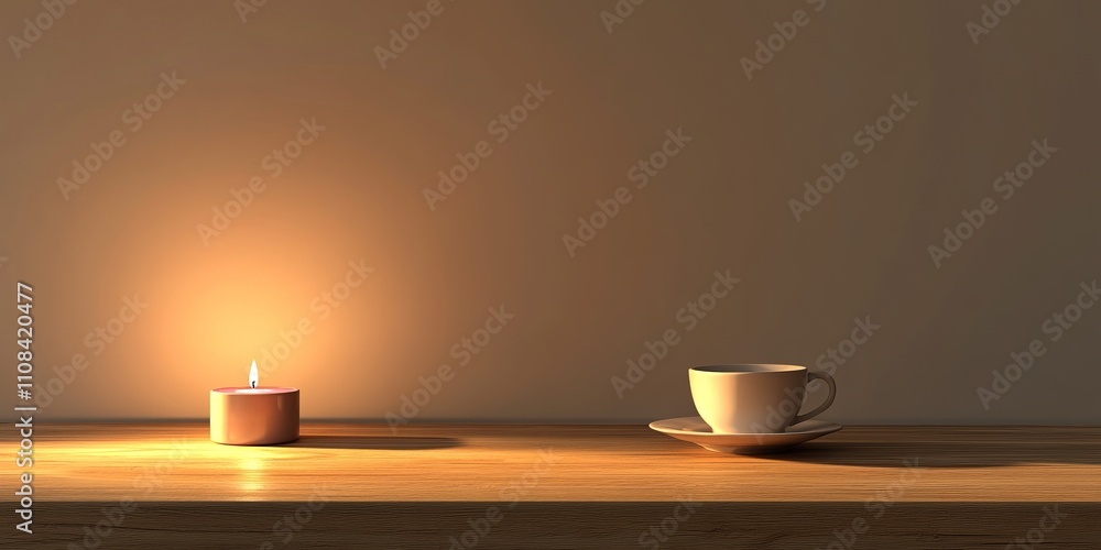 Poster a candle is lit on a table next to a white cup. the candle is the only source of light in the scene
