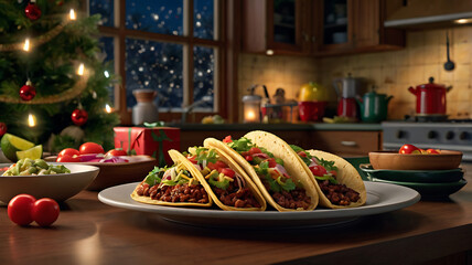 Fototapeta premium Delicious tacos on a plate, Christmas tree and snowy night scene in the background.