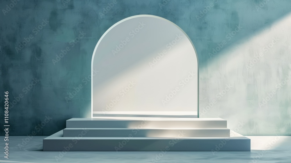 Poster a minimalist architectural archway with sunlight casting shadows on steps in a modern interior desig