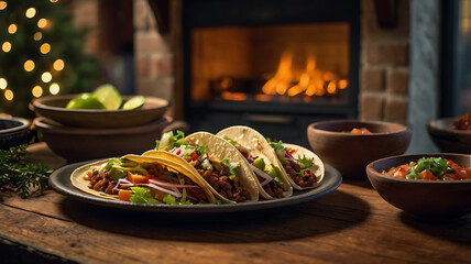 Delicious tacos on rustic table near fireplace.