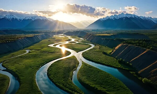 Lush Green Valley Framed By River And Mountains