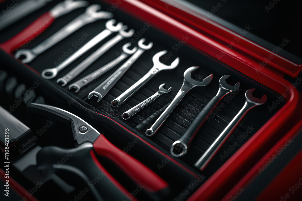 Poster closeup view of neatly organized metallic hand tools in drawer, showcasing various sizes of wrenches