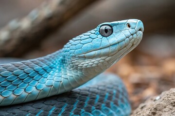 Fototapeta premium Snake close-up face of a blue viper snake in its natural habitat, close-up photography, scaly skin, snake head, snakes