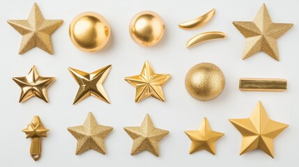 Obraz premium A collection of various golden decorative shapes and stars on a white background.
