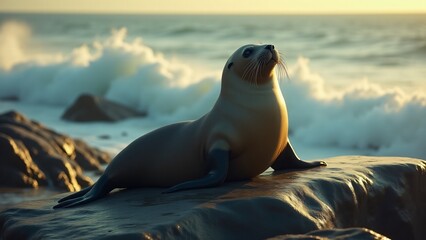 A sea lion resting on rocks, basking in the sun, with crashing waves in the background creating a peaceful scene.