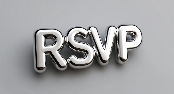 rsvp word 3d shiny silver metallic lettering render on plain background