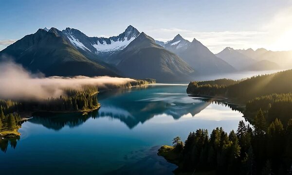 Mountain Lake at Dawn Captured in Aerial View