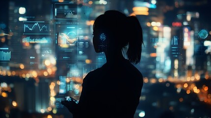 Woman Silhouette Reviewing Data Against City Lights