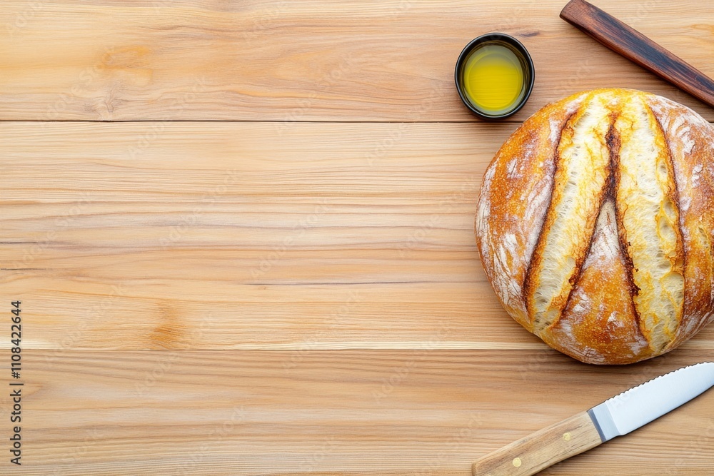 Wall mural A rustic table setup featuring a whole round loaf of sourdough bread, a knife, and a bowl of olive oil for dipping