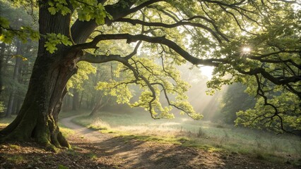 Softly filtered light dances through the delicate leaves of an old oak tree, casting dappled shadows on the forest floor, morning light, organic shapes, oak tree foliage, leaf patterns, tree branches