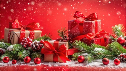 Festive Christmas Gifts Adorned with Red Ribbons and Snowflakes Resting on a Snowy Evergreen Branch Against a Red Background