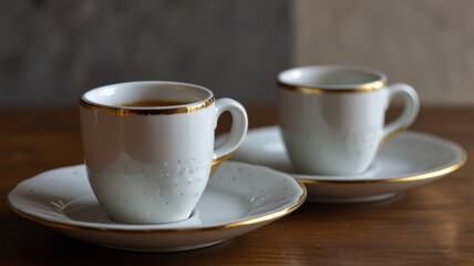 Fototapeta premium Two elegant white espresso cups with gold rims on a wooden table.