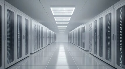 White and blue abstract network on server room data center 3D rendering, connection network data center room storage systems.
