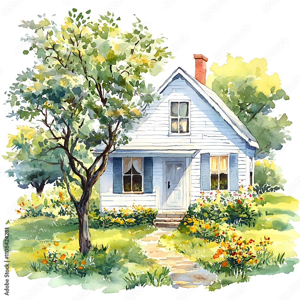 Wall mural Watercolor Painting of a Quaint White House with Lush Greenery and Stone Pathway.