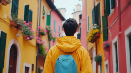 traveler explores colorful streets in charming town, wearing yellow jacket and blue backpack. vibrant buildings and blooming flowers create picturesque scene